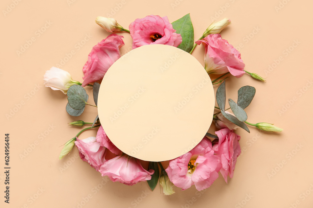 Blank card with beautiful pink eustoma flowers on beige background