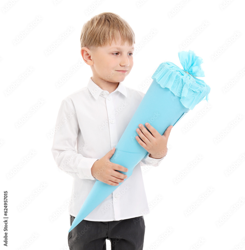 Little boy with blue school cone isolated on white background