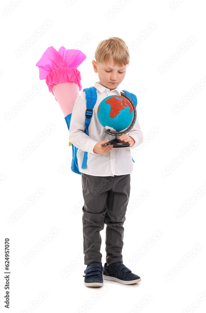 Little boy with backpack, pink school cone and globe isolated on white background