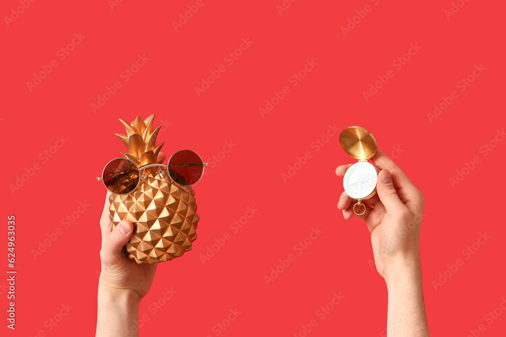 Male hands with compass and decorative pineapple in sunglasses on red background