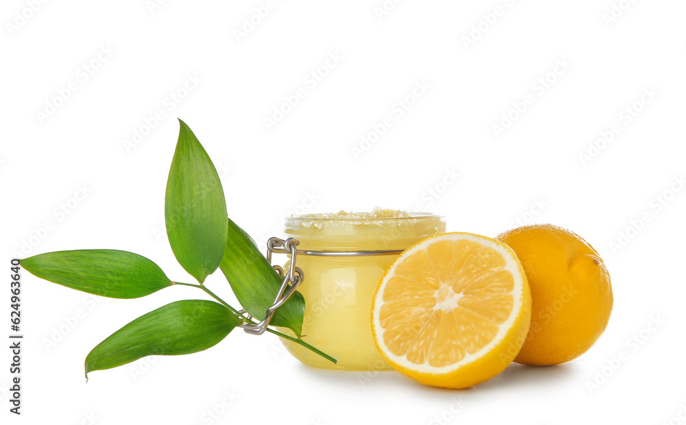 Jar of lemon body scrub isolated on white background