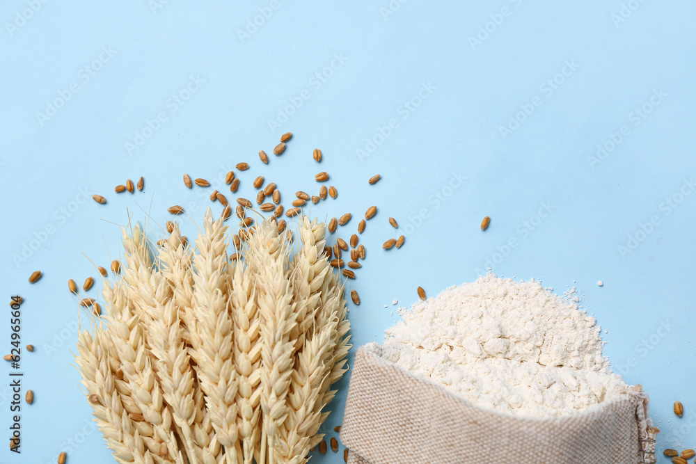 Sack with wheat flour and spikelets on blue background