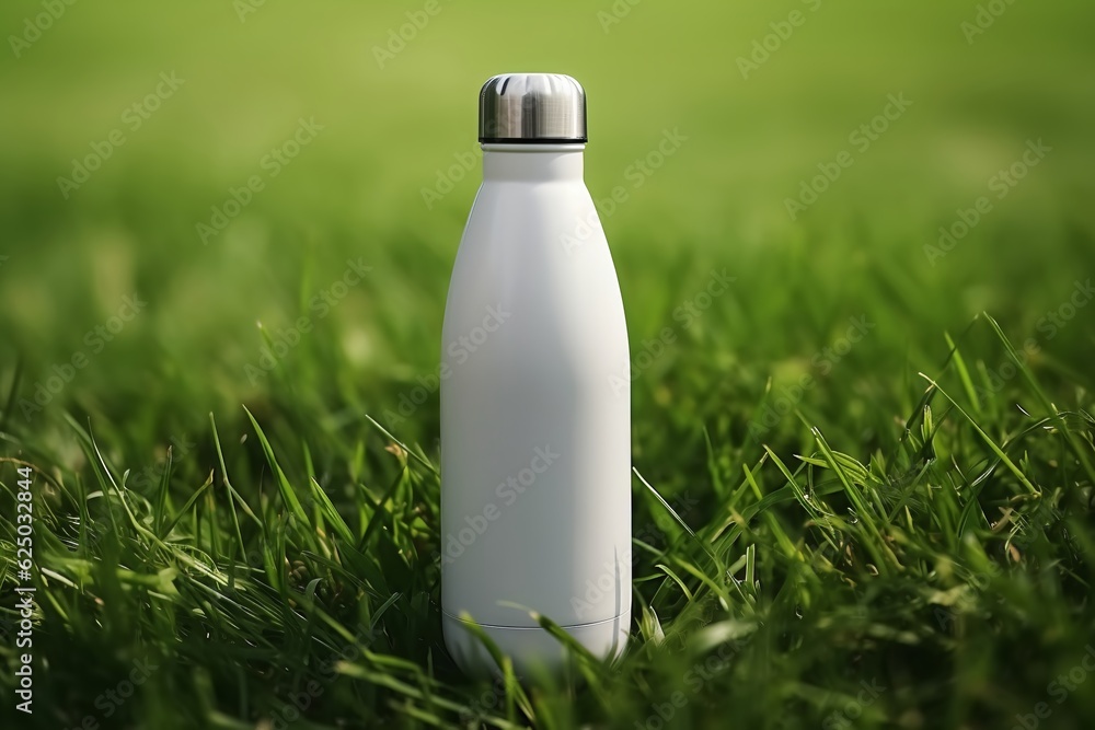 White stainless thermo bottle sitting in grass