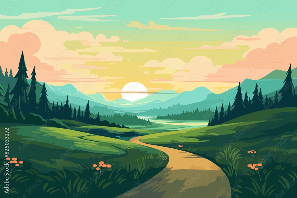 Road through a green field landscape scene at sunset, colorful summer vector illustration background