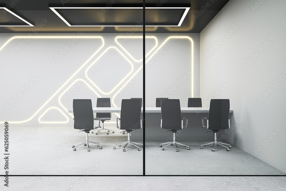 Front view of light modern futuristic conference room with glass wall and neon backlit. 3D Rendering