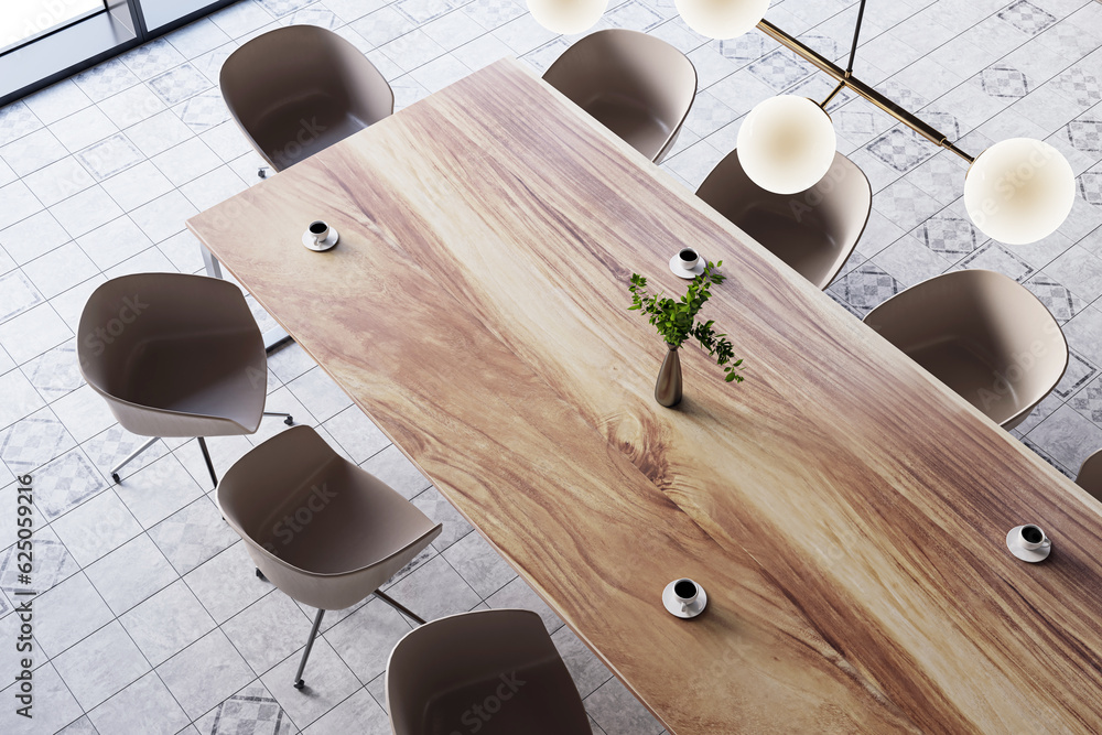 Top view of modern luxury meeting room interior with wooden office desk and chairs and concrete tile