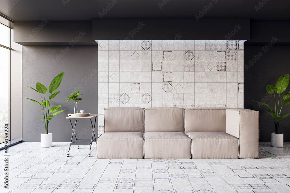 Relaxing area with sofa in dark luxury modern office interior. 3D Rendering