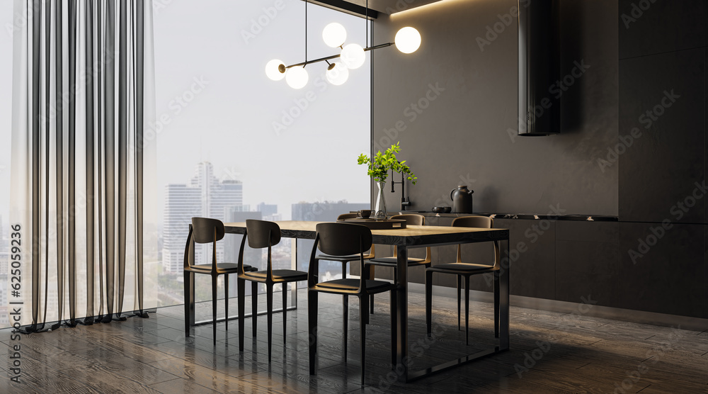 Contemporary dark kitchen with window and city view, furniture. Interior design concept. 3D Renderin