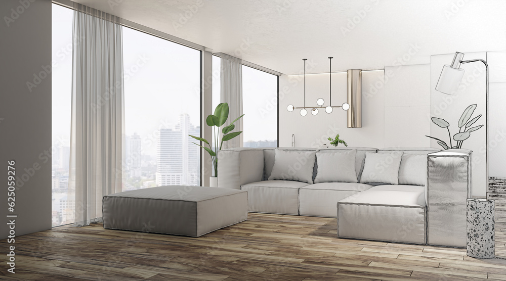 Sketch of modern light living room with wooden flooring, window and city view, furniture. Interior d