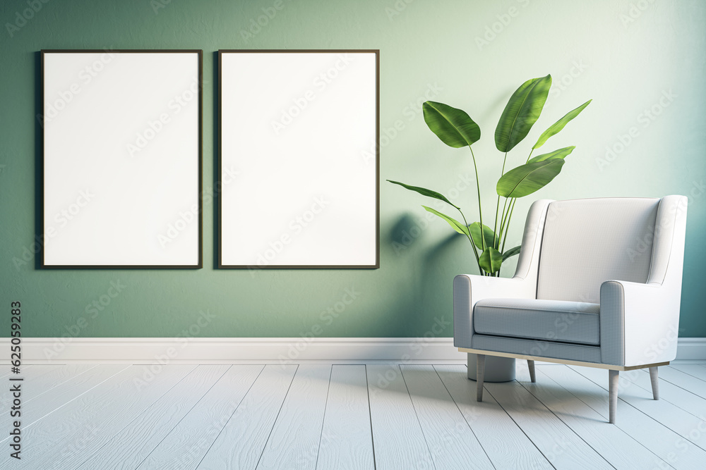 Front view on two blank white posters with place for your logo or text on green wall background in s