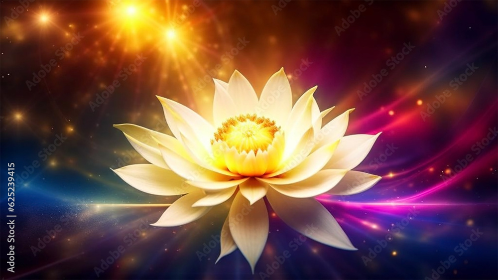 Magic white lotus flower shiny blossom lights with bokeh background.Esoteric symbol,yoga,meditation 