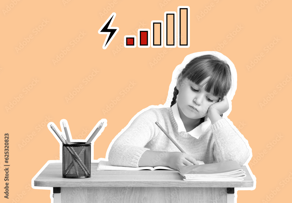 Tired little girl sitting at desk against color background