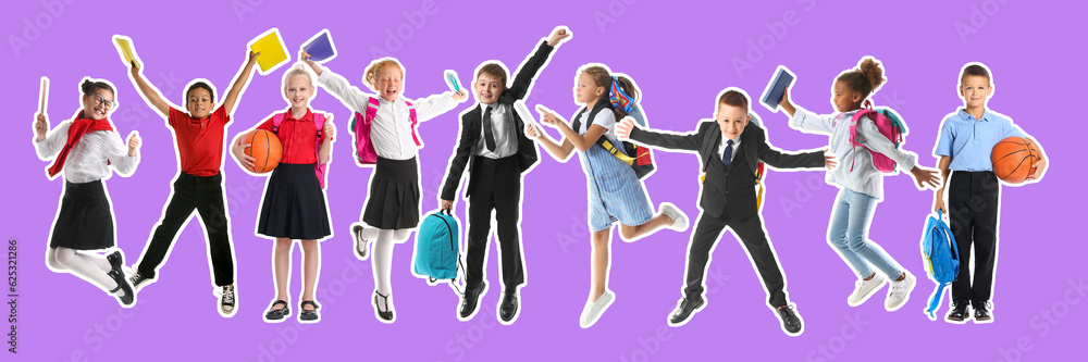 Collage with many happy schoolchildren on purple background