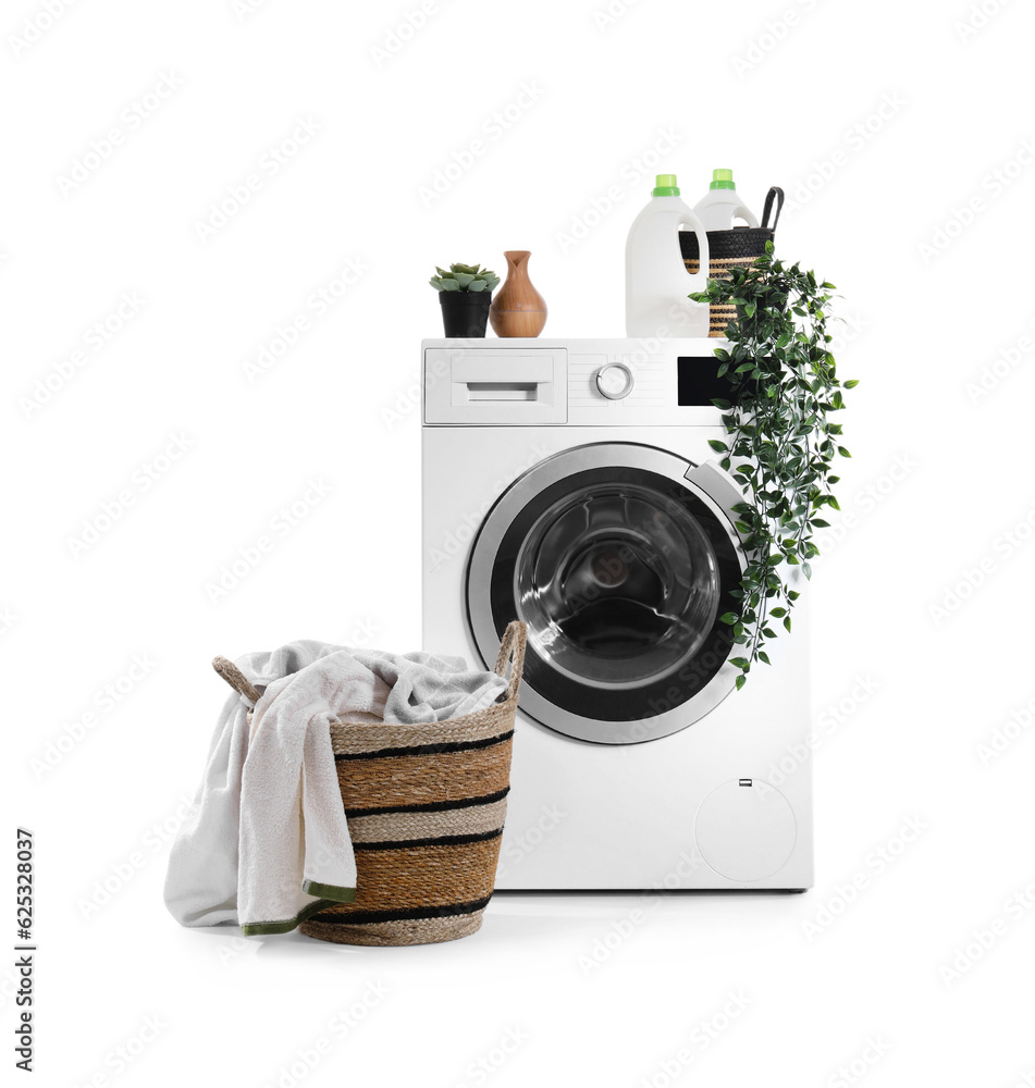 Washing machine and basket with dirty laundry isolated on white background