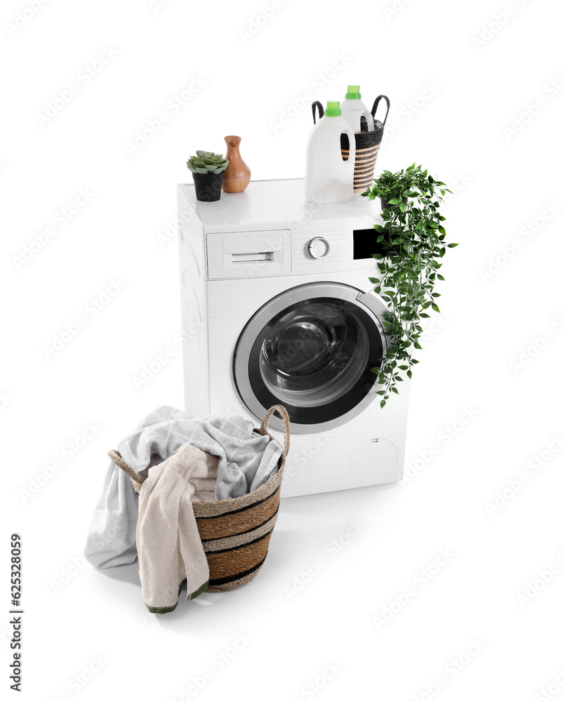 Washing machine and basket with dirty laundry isolated on white background