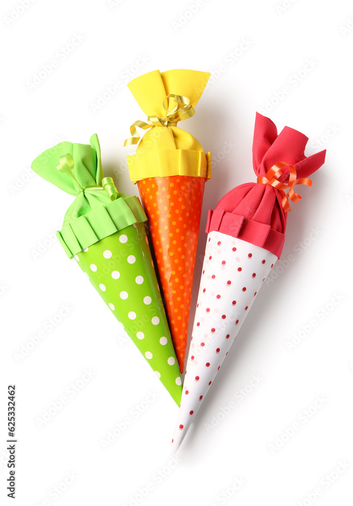 Colorful school cones on white background