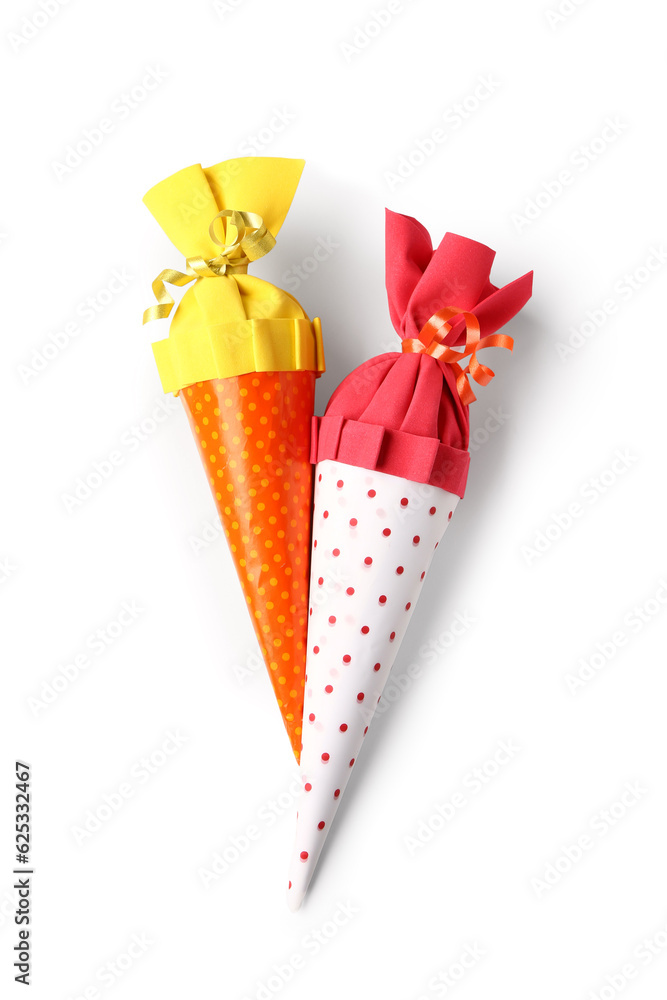 Colorful school cones on white background