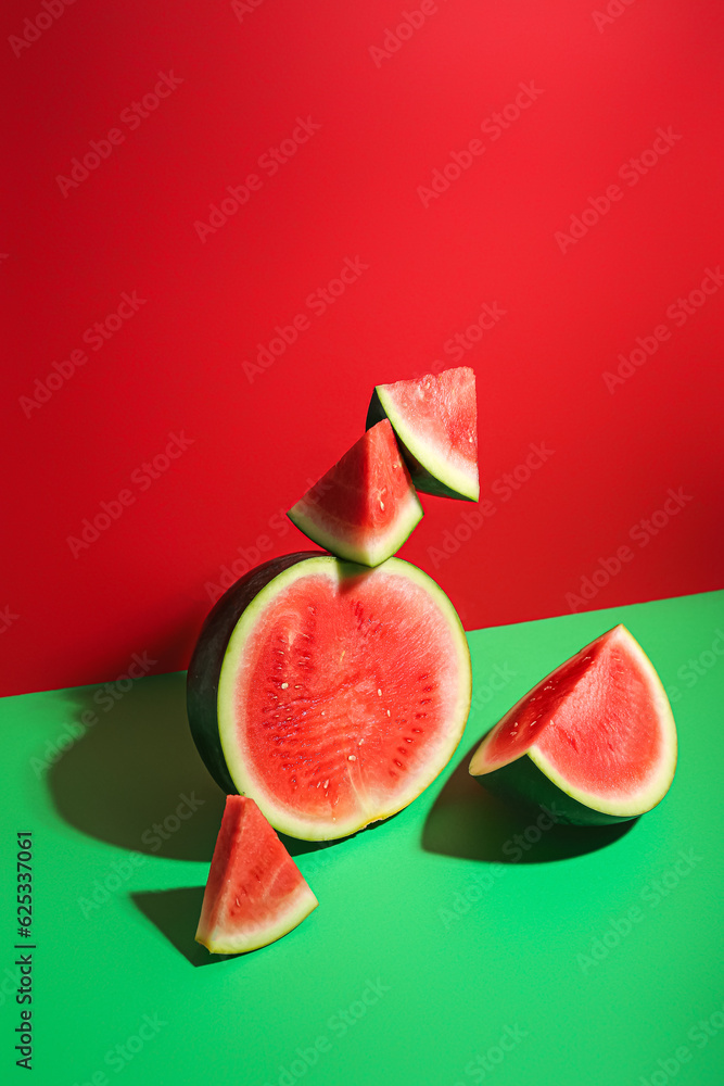 Pieces of fresh watermelon with half on colorful background