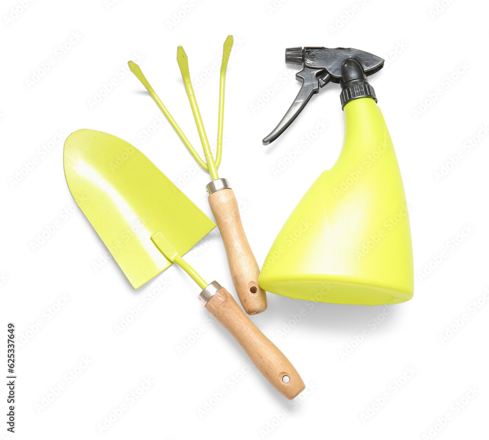 Different gardening tools on white background