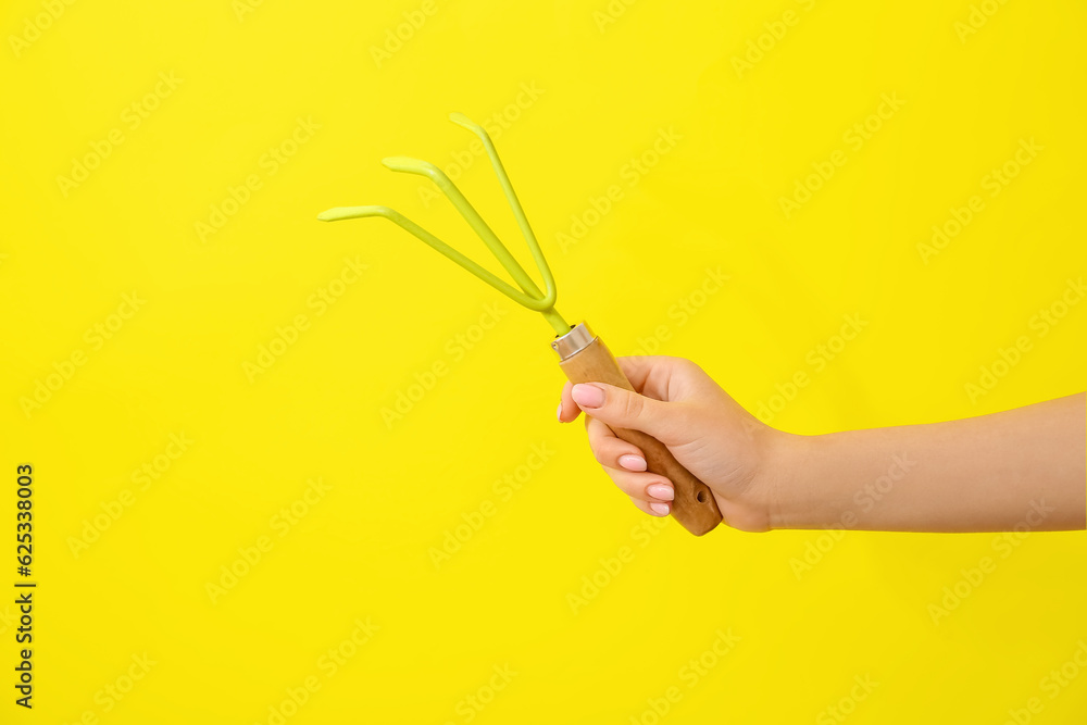 Woman with gardening rake on yellow background