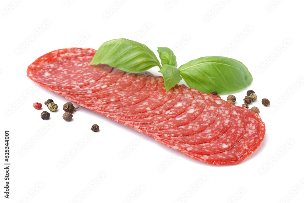 Slices of tasty salami isolated on white background