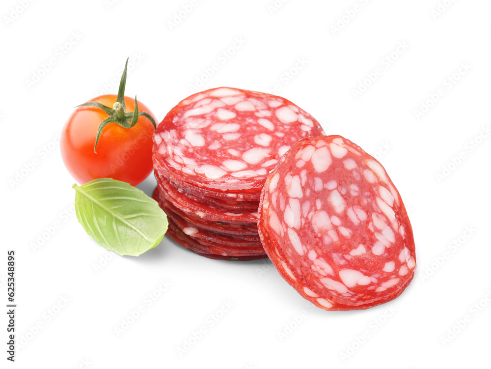 Slices of tasty salami on white background