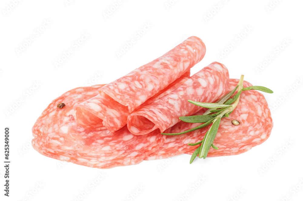 Slices of tasty salami on white background