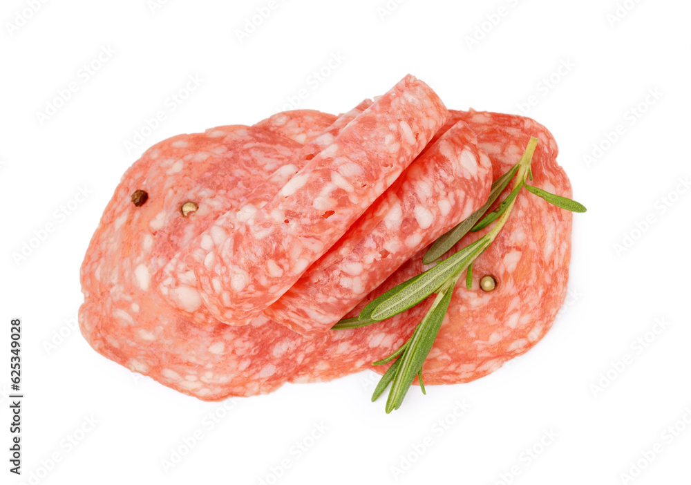 Slices of tasty salami on white background