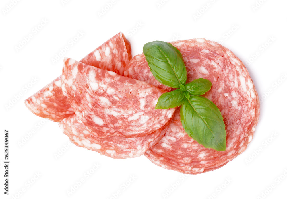 Slices of tasty salami on white background