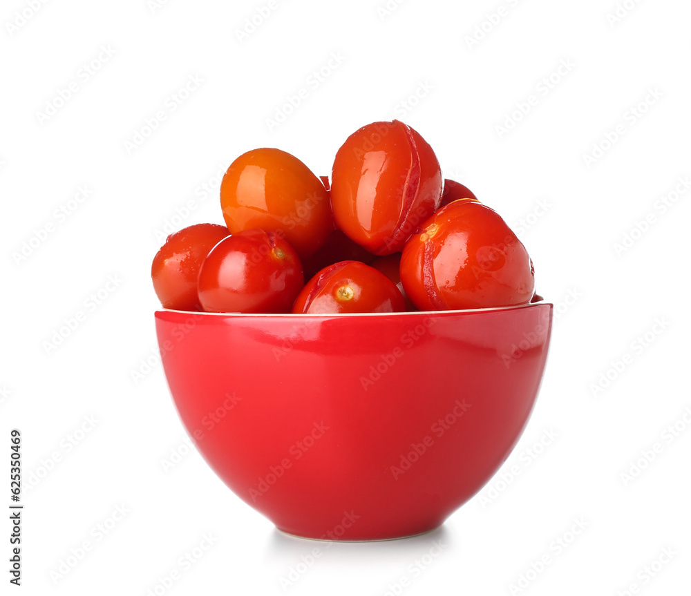 Bowl with canned tomatoes on white background