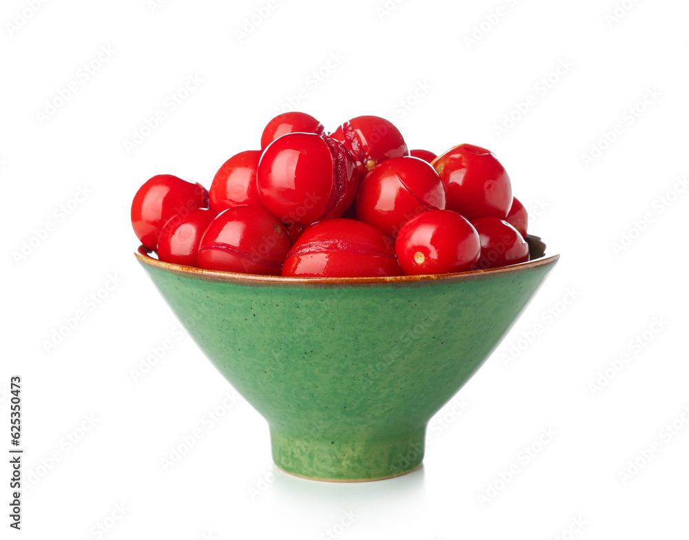 Bowl with canned tomatoes on white background