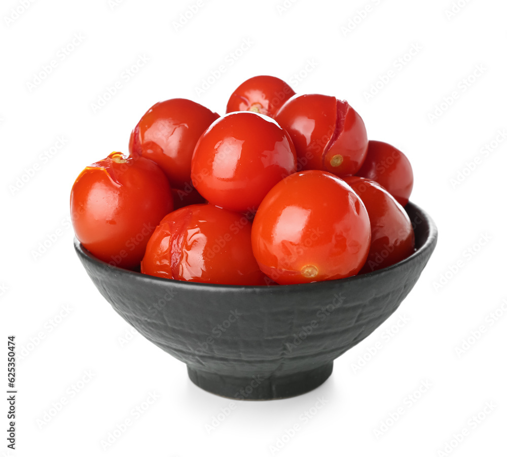 Bowl with canned tomatoes on white background