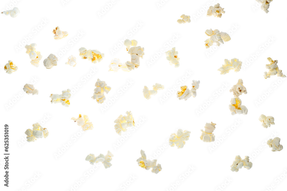 Flying tasty popcorn on white background