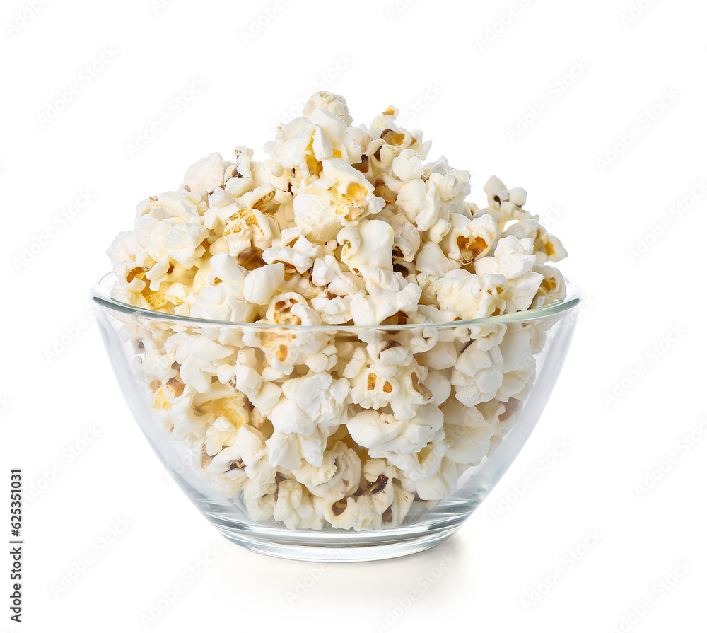 Glass bowl with tasty popcorn on white background