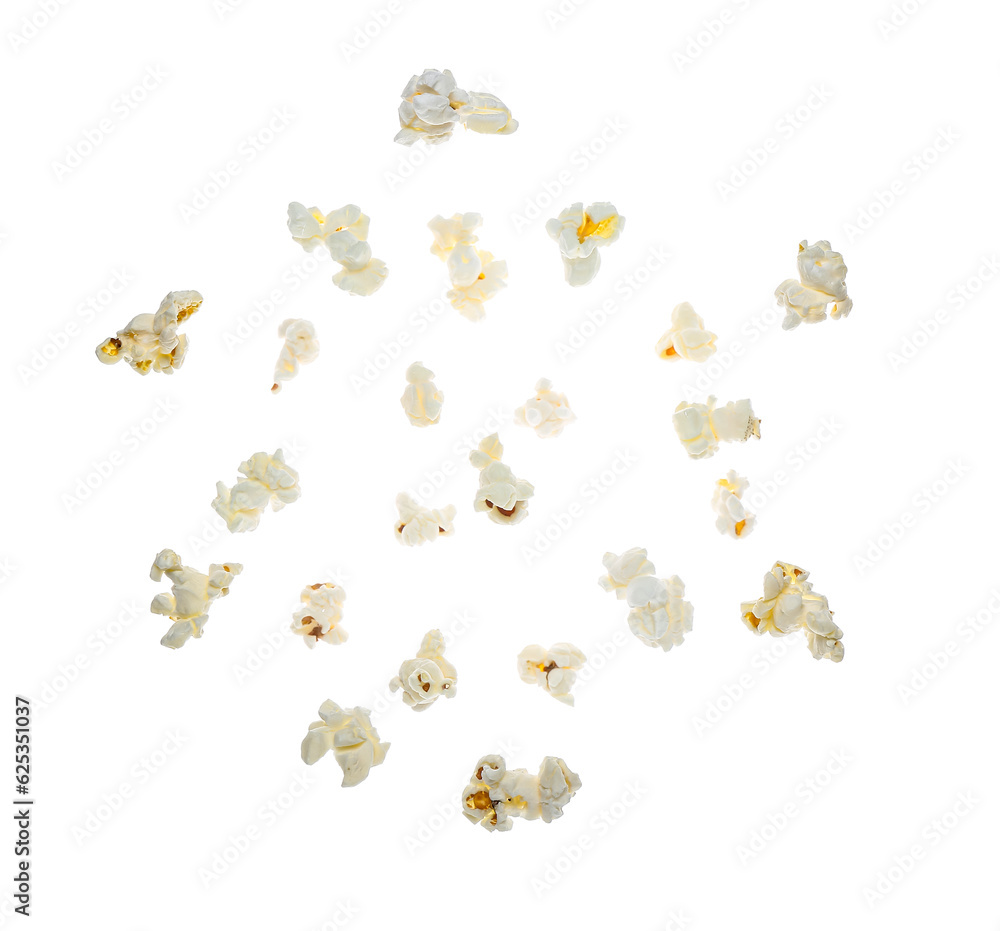 Flying tasty popcorn on white background