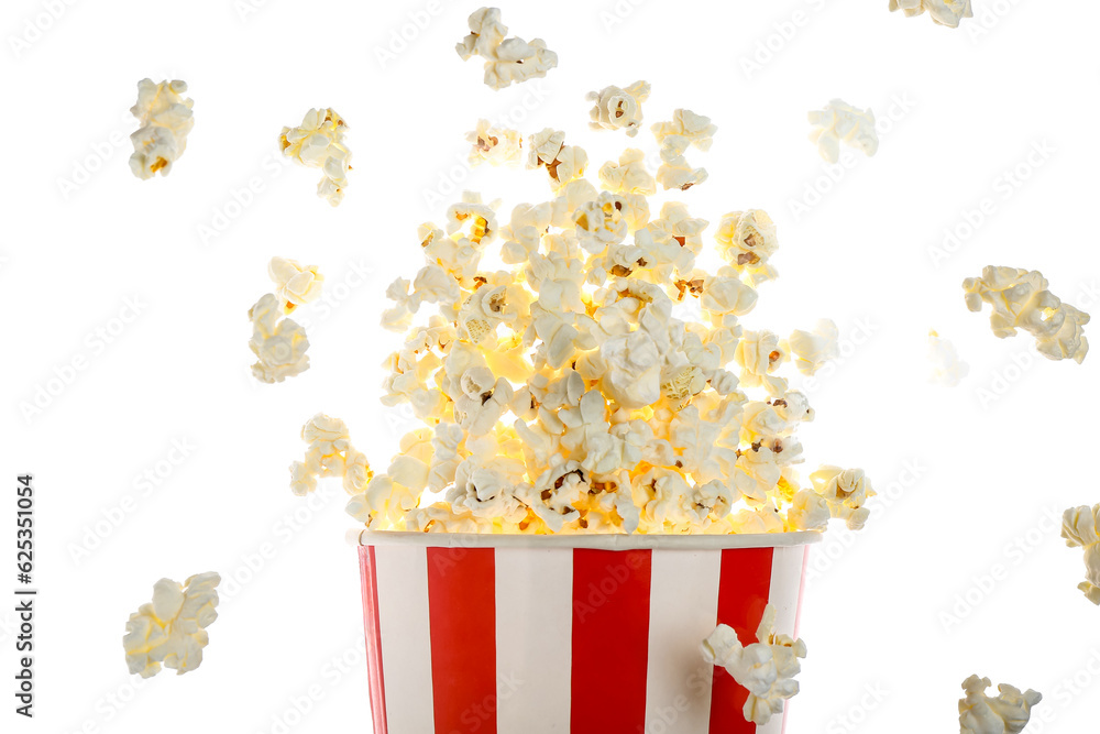 Bucket with tasty popcorn on white background