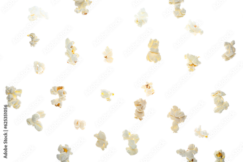 Flying tasty popcorn on white background