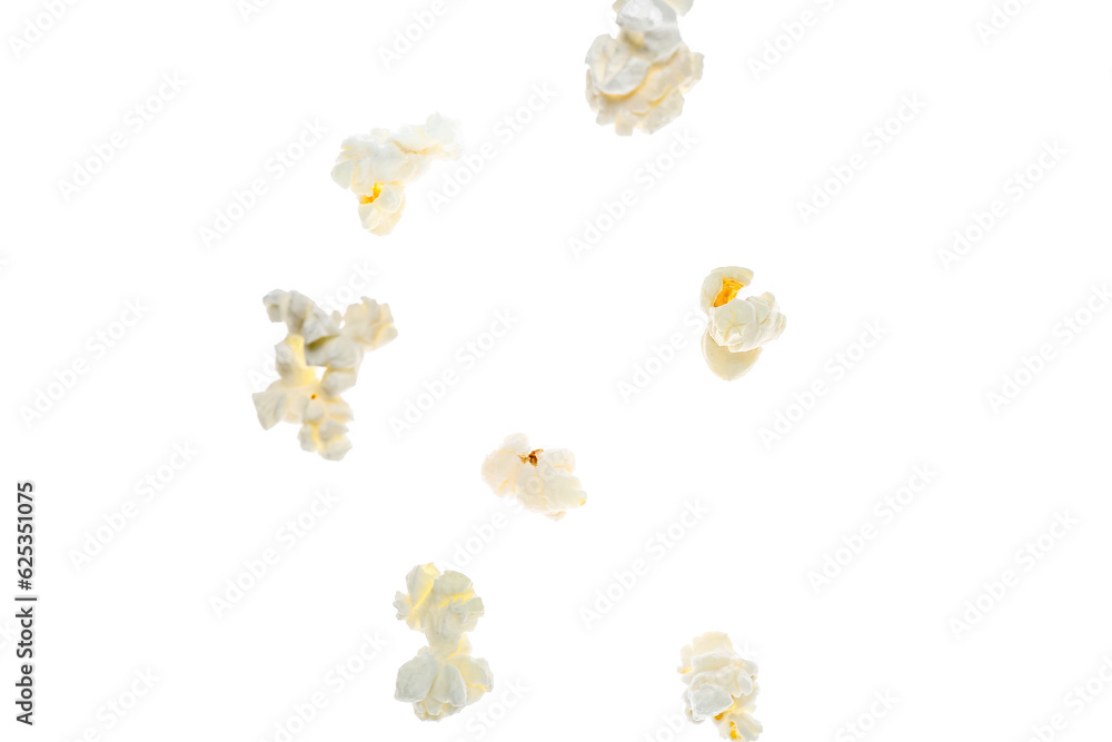 Flying tasty popcorn on white background