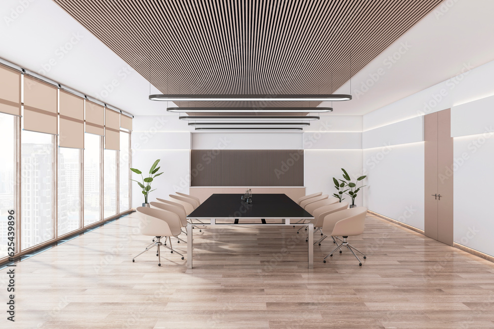 Side view of modern light meeting room interior with office desk and chairs, panoramic window with c