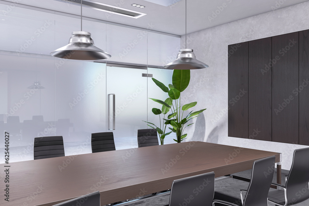 Perspective view of modern empty boardroom interior with office desk and chairs, matte glass wall an