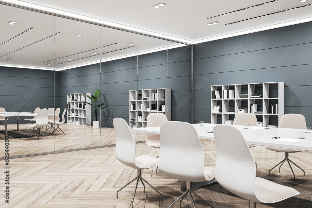 Perspective view of modern negotiant office room with big white desk and chairs, mirror wall and woo