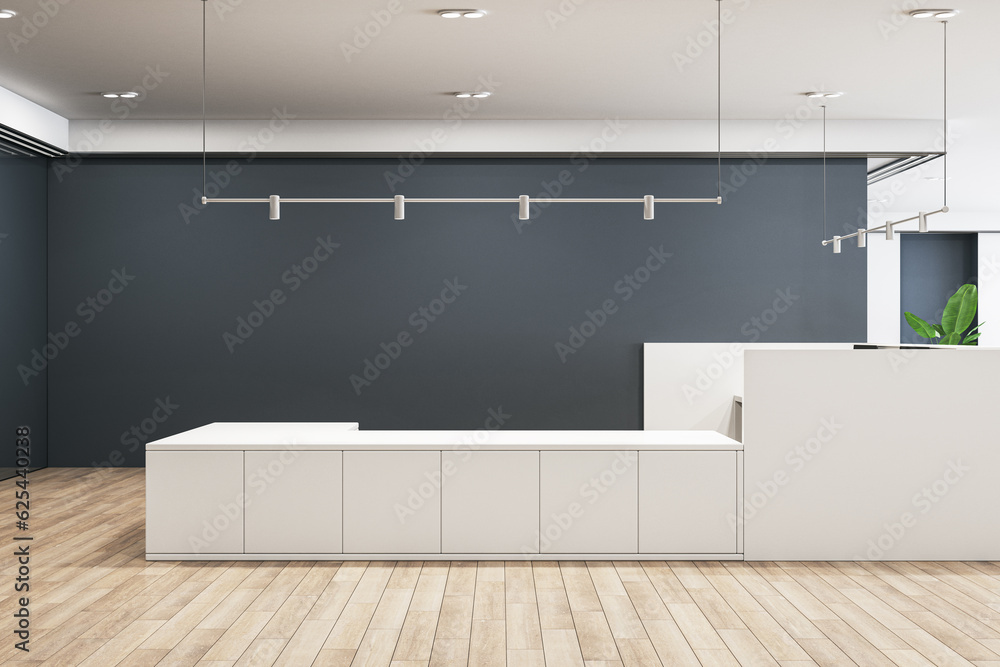 Light concrete and wooden office lobby interior with various items. 3D Rendering.