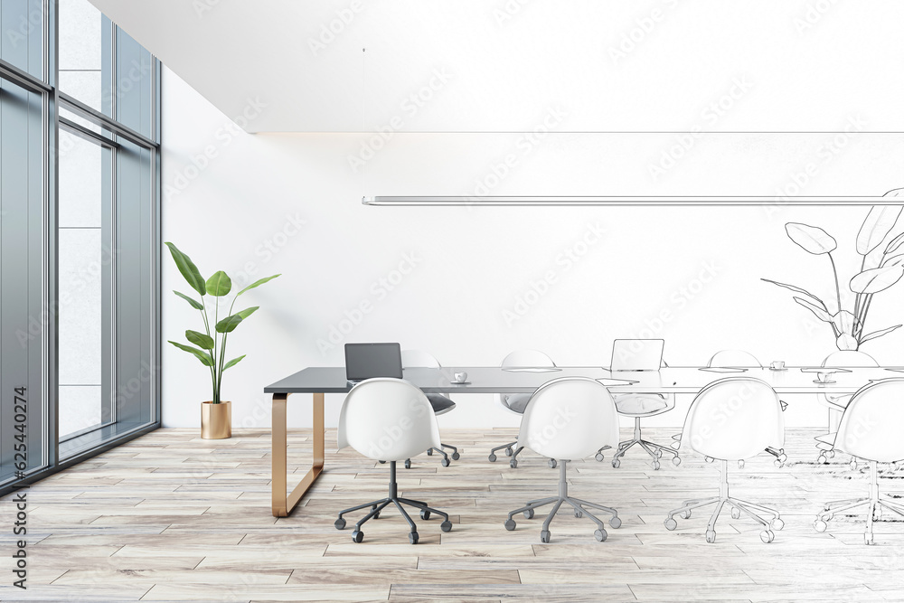 Side view of design project of modern conference room with office table and chairs. 3D Rendering