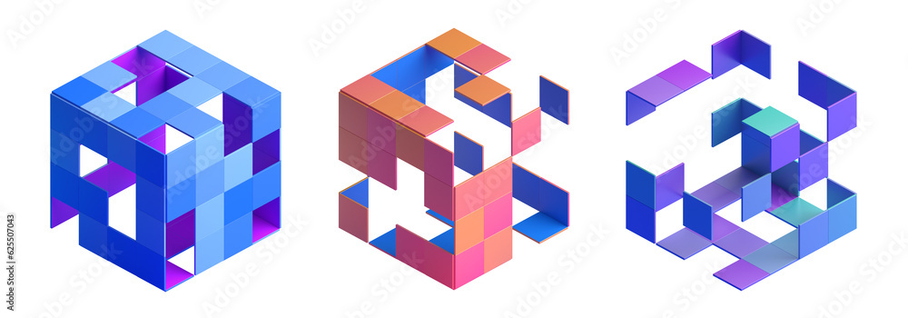 Set of abstract cubes in different colors, 3d render