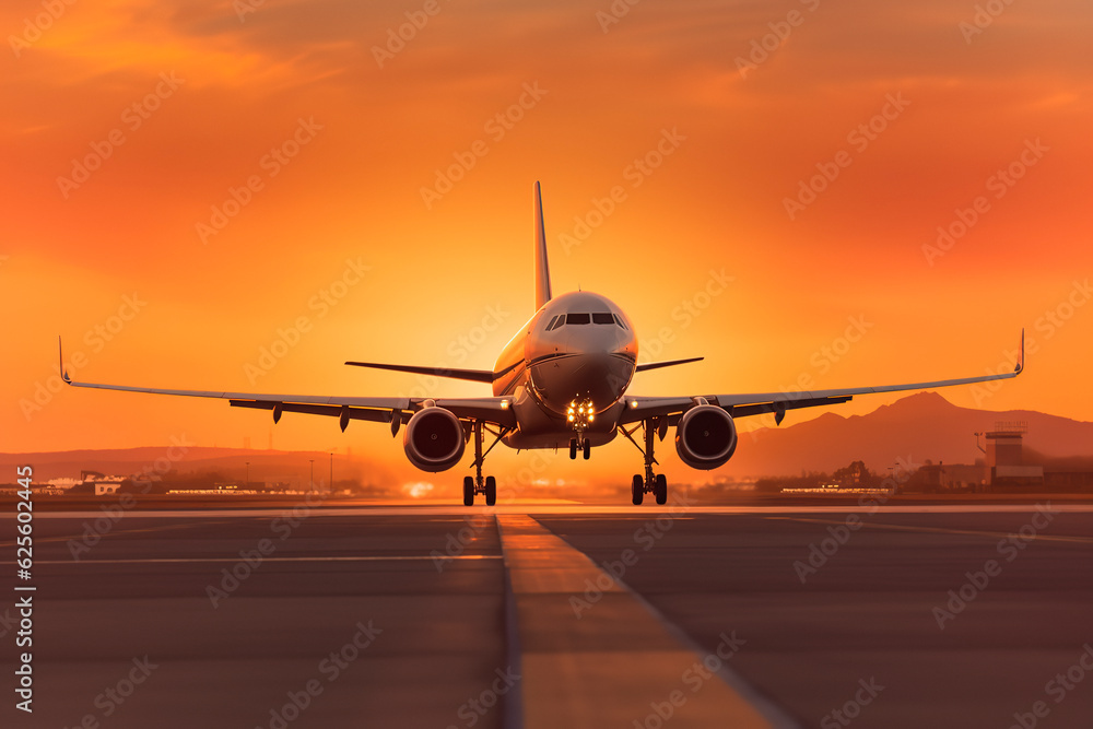 airplane in the sunset on the airport runway