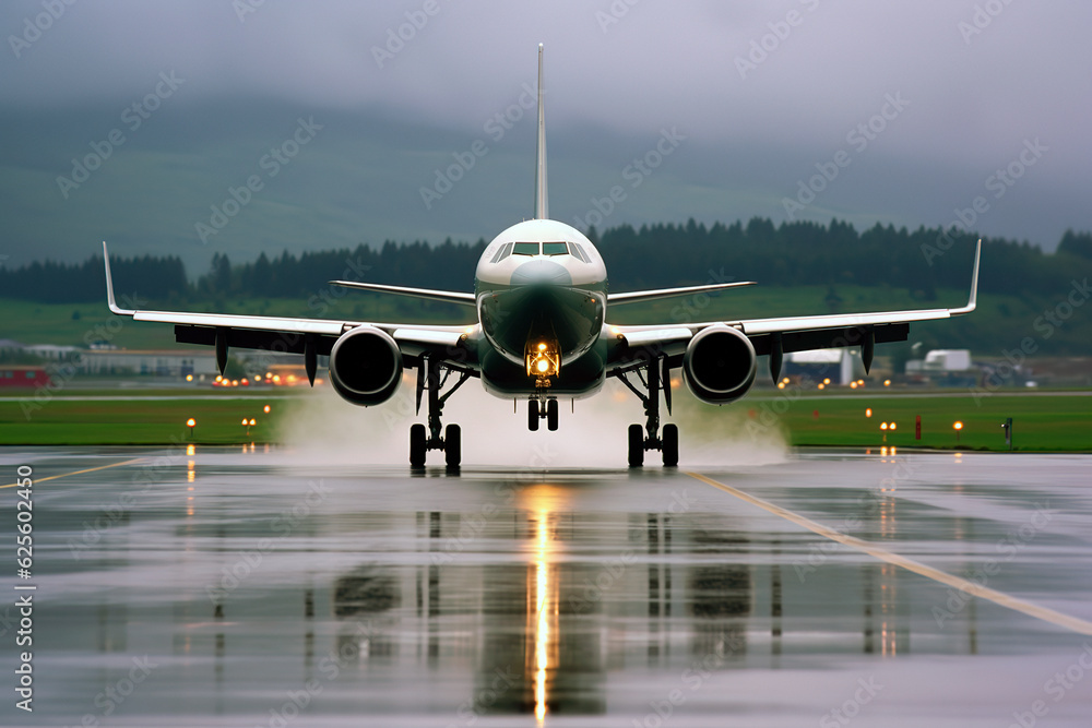 A passenger airplane takes off from the runway during rain