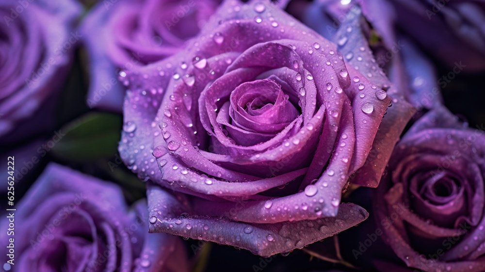 Purple Roses flowers with water drops background. Closeup of blossom with glistening droplets. Gener