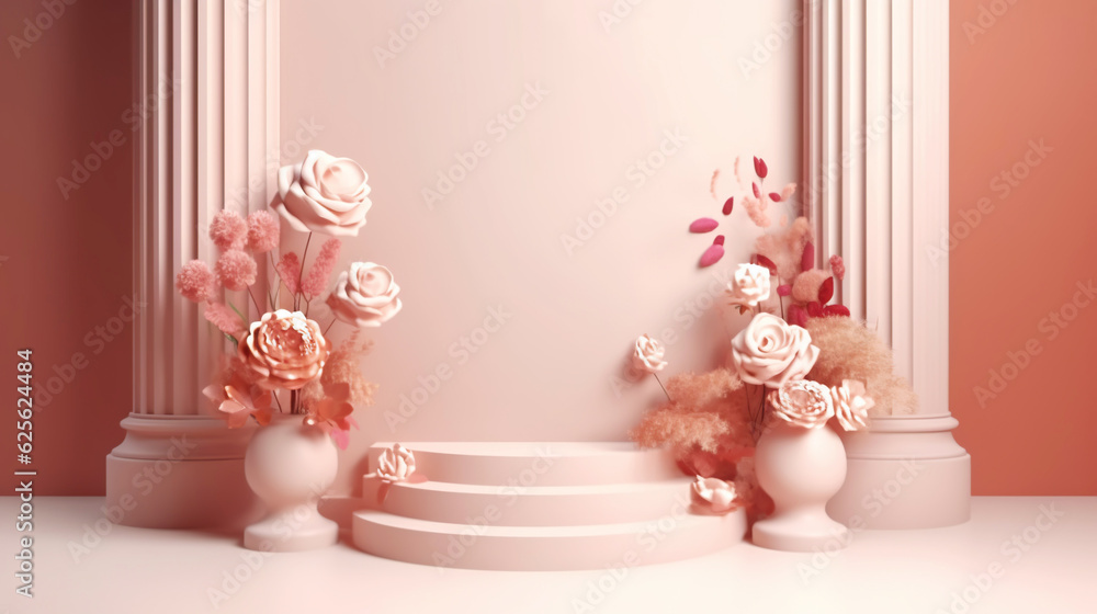 Podium with pink roses on pastel pink background to display products, gift or cosmetics. Generative 