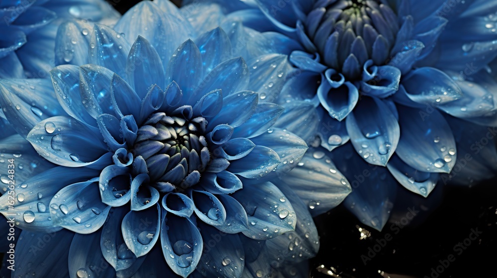 Blue Dahlia flowers with water drops background. Closeup of delicate blossom with glistening droplet