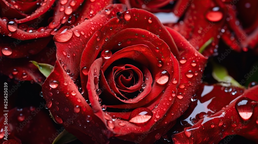 Red Roses flowers with water drops background. Closeup of blossom with glistening droplets. Generati